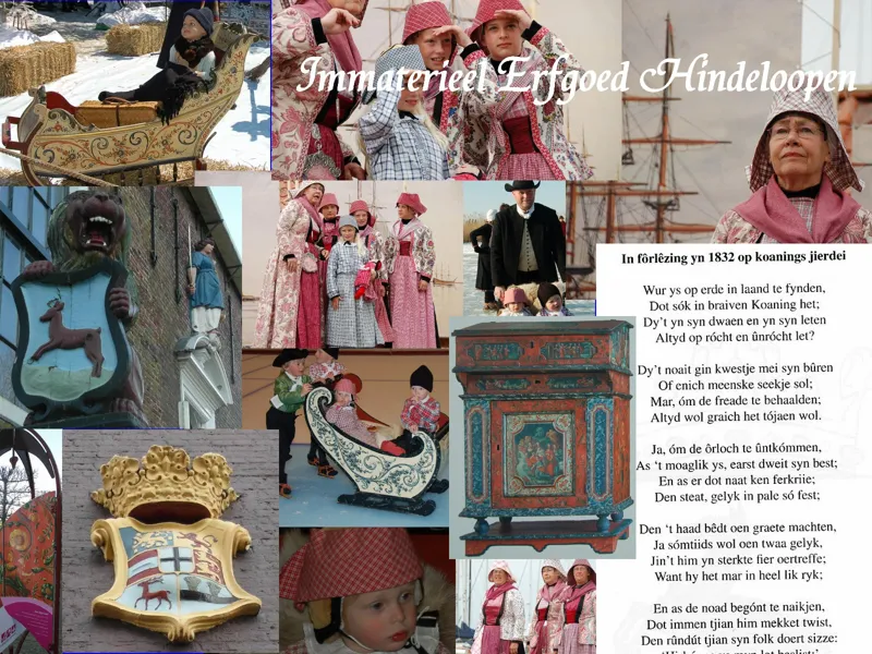 Collage met klederdracht, beschilderde voorwerpen, sleeën en een gedicht in het Hindeloopers